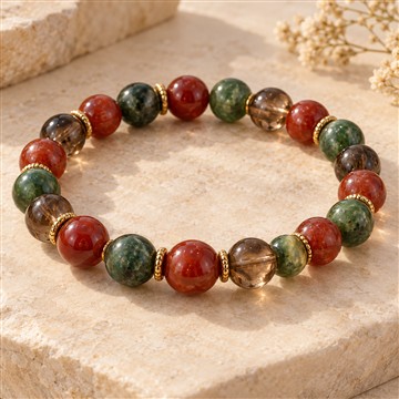 Round multicoloured gemstone beads in a bracelet