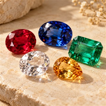 Red, blue, green, clear and yellow gemstones on a light stone surface