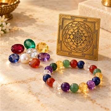 Gemstones, a bracelet and a yantra arranged together